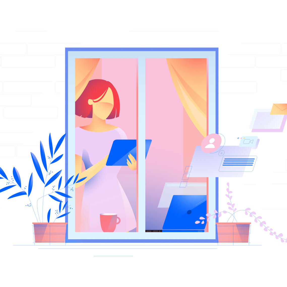 Illustration of a white girl with red hair looking at a device that appears to be an iPad. We see her through a window. There is a plant next to the window, and notification symbols are flying around.